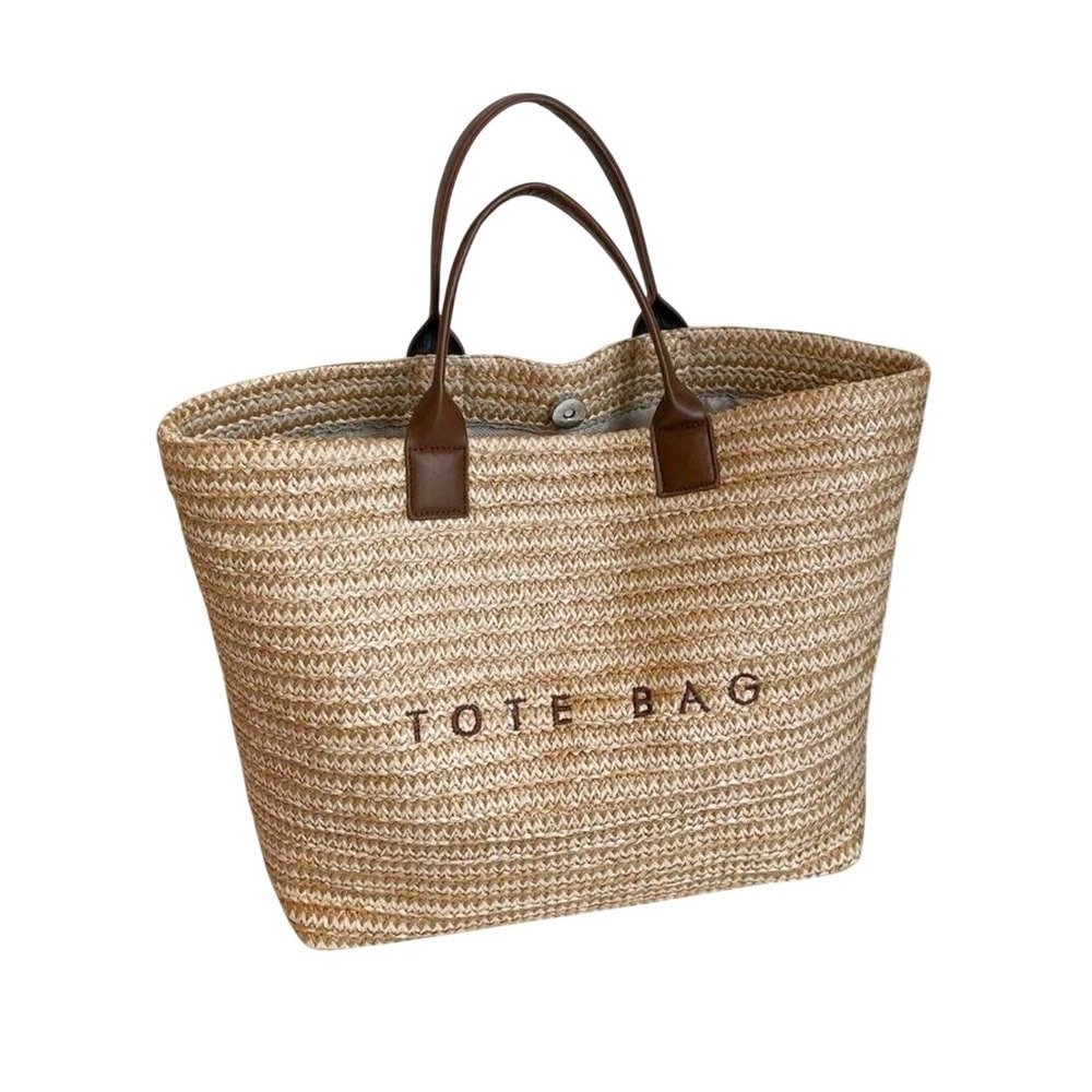 Woven Straw Tote Bag Beige Brown Faux Leather Handle Beach Summer Carryall‎